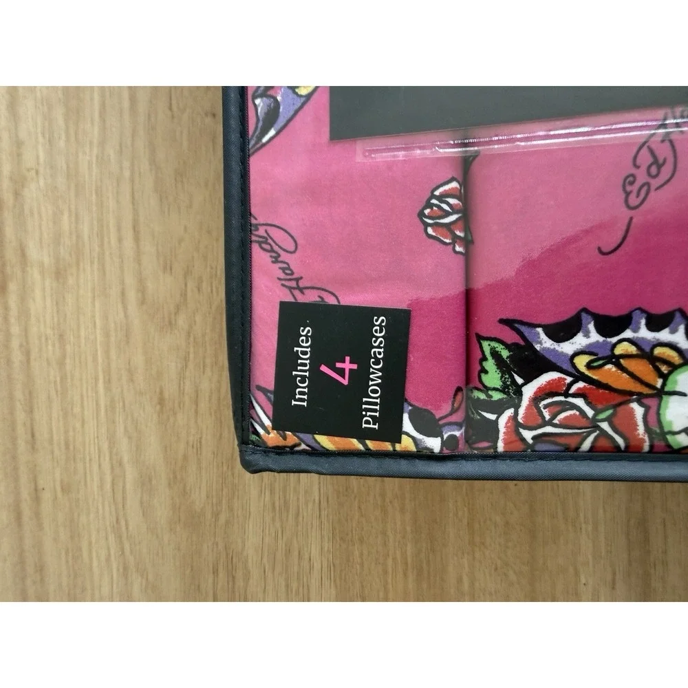 Ed Hardy Queen 6 Piece Double Brushed Sheet Set Pink Skull Butterfly Roses NWT